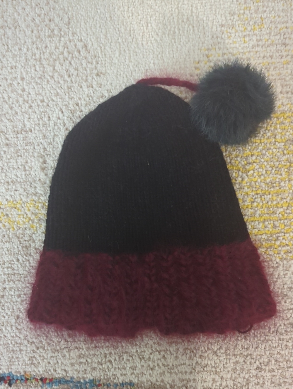 Handmade New Cashmere /Angora Black and Burgundy Pom Beanie Hat